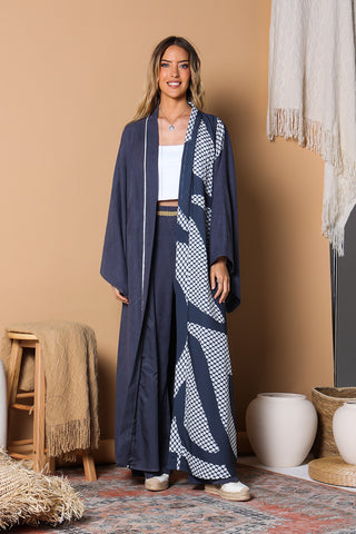 Serene Tides Cupro Abaya and Gold-Trim Pants Set