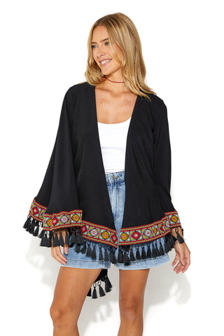 Gigi Renaissance Oversized Poncho Cardi With Tassels & Border Detailing