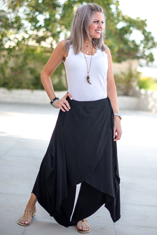 Overlay Tie Harem Pants With Elastic Waist - Black (4565329117317) (7273889497262)