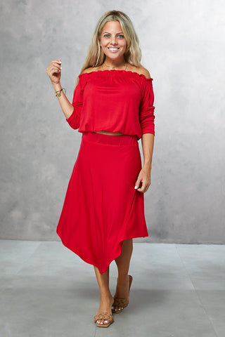 Curved Hem Skirt & Smoked Off Shoulder Top Set (7322855604398) (7322892697774)