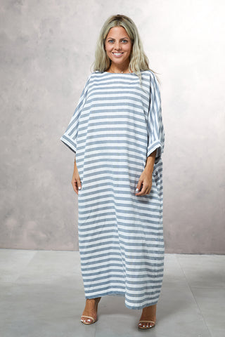 Striped Cotton Kaftan Dress With Side Pockets (7321726812334)