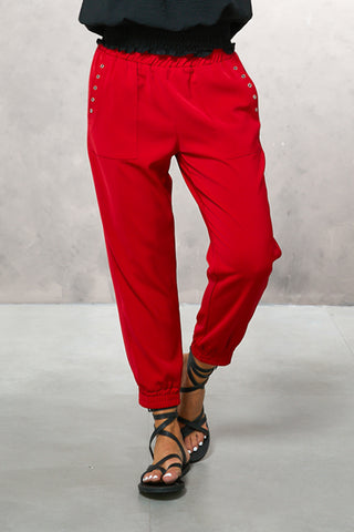 Cropped Length Crepe Joggers With Elastic Waist & Silver Toned Grommets - Red (7323190591662)