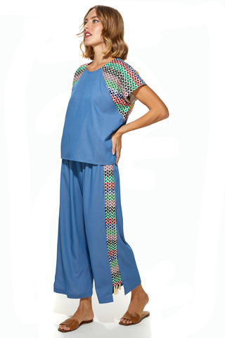 Yafa Soft Cotton Denim Pant & Top Set With Kafya & Tassels Detailing (7912638251252)