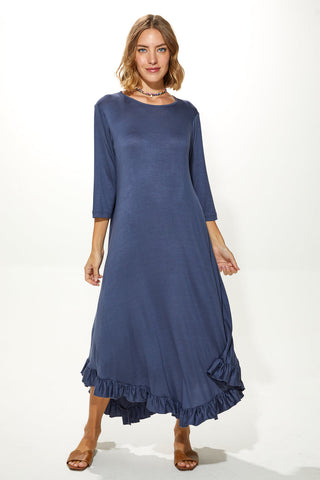 Long Sleeves Jalila Cotton Jersey Frill Dress With Round Neckline (7915672666356) (7915703107828)