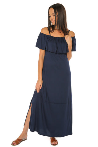 Ruffle Slit Maxi Dress - Navy - Gingerlining (9366050129)