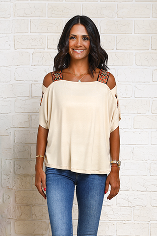 Cutout Shoulder Top With Weaved Straps - Beige (6952925200558)