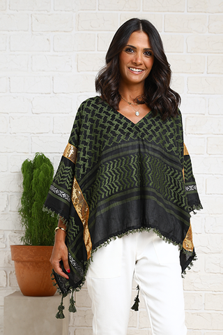 Open Sides Poncho Top With Sequin - Olive/ Gold (6953007284398)
