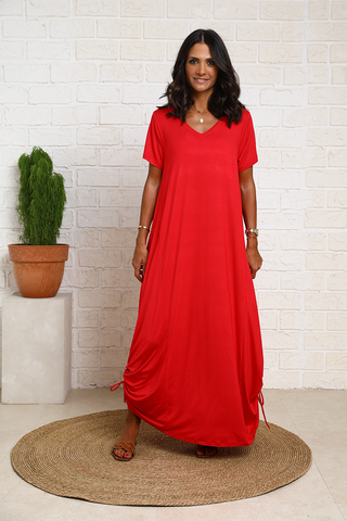 Short Sleeves V Neck Cotton Jersey Dress With Side Ropes (6976045580462)