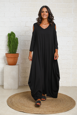 Peek A Boo Sleeves V Neck Cotton Jersey Dress (6976069402798)