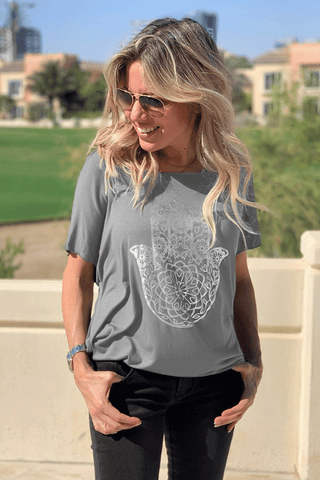 Hamsa Asymmetrical Tee With Raw Hems Tee - Light Grey (1806654701612)