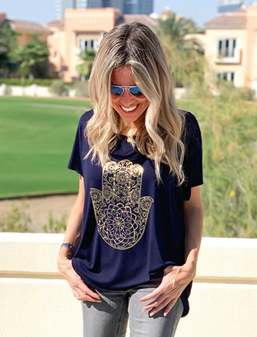 Hamsa Asymmetrical Tee With Raw Hems Tee - Navy (1806652604460)