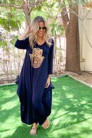 Hamsa Long V-Neck Cotton Dress - Black (6637297959086)