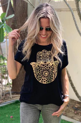 Hamsa Asymmetrical Tee With Finished Hems - Black (1838313209900)