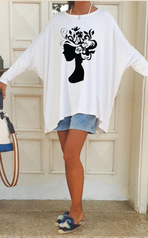 Dolman Top / White With Black Floral Hair Print (5747408076954)