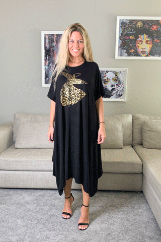 Mid Length kaftan Dress/Black With Dancer Print (6666521903278)