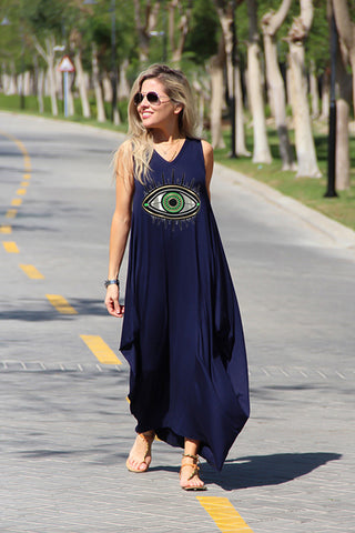 Evil Eye Sleeveless V-Neck Cotton Maxi Dress - Navy (3946502062124)