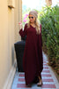 3/4 Sleeves V-Neck Cotton Maxi Dress - Maroon (1677998391340)