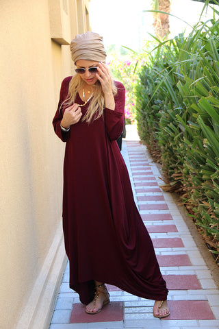 3/4 Sleeves V-Neck Cotton Maxi Dress - Maroon (1677998391340)