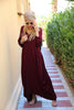 3/4 Sleeves V-Neck Cotton Maxi Dress - Maroon (1677998391340)