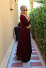 3/4 Sleeves V-Neck Cotton Maxi Dress - Maroon (1677998391340)