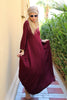 3/4 Sleeves V-Neck Cotton Maxi Dress - Maroon (1677998391340)