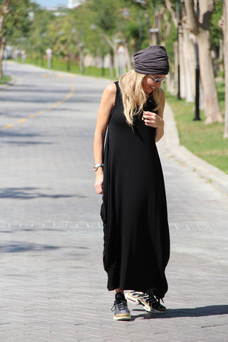 Sleeveless Round Neck Cotton Maxi Dress - Black (1677992263724)
