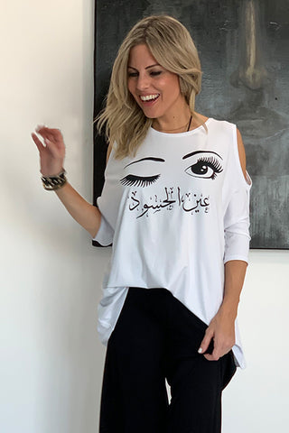Peek A Boo Top With Evil Eye Motif - White (3890384371756)