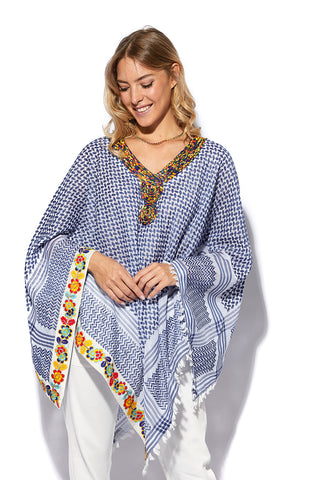 Ocean Poncho With Beaded V Neck & Embroidered Lace (7607019438324)