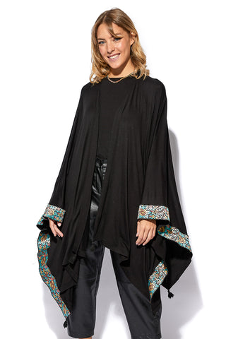 Tara Black Cotton Jersey Cardi Shawl With Floral Border Detailing (7607114236148)