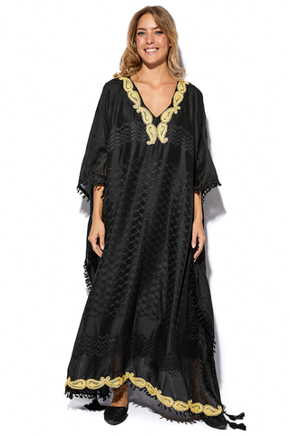 Aya Black Kaftan With Gold Neckline & Hem Detailing (7607378575604)