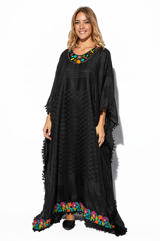 Bushra Black Kaftan With Multi Color Neck & Hem Detailing (7607384342772)