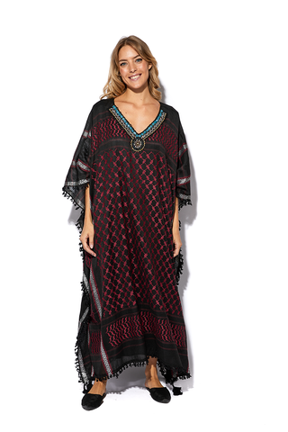 Fairuz Maroon Kaftan With Blue Beaded Neck Detailing (7607388274932)