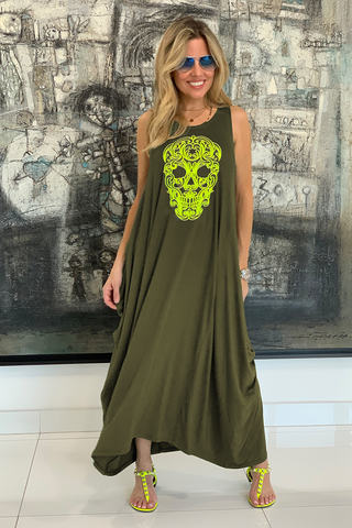 Skull Sleeveless Round Neck Cotton Maxi Dress - Olive (1864776417324)