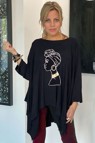 3/4 Sleeves Poncho Top - Black /African Lady (4360074690693)