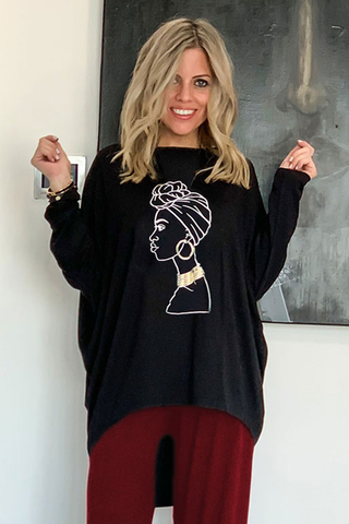 African lady Full Sleeves Boat Neck Cotton Jersey Top - Black (5602255405210)