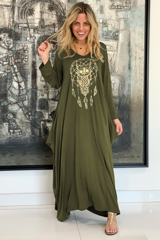 Dream Catcher Long V-Neck Cotton Dress - Olive (1870175174700)