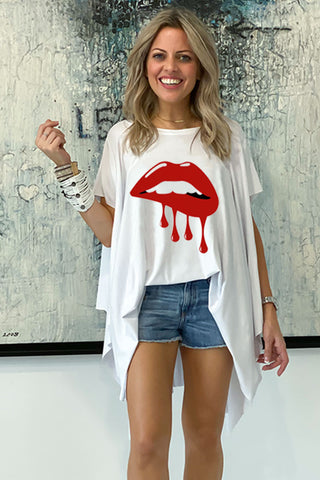 Short Sleeves Poncho Top - White / Dripping Lips (5645671628954)