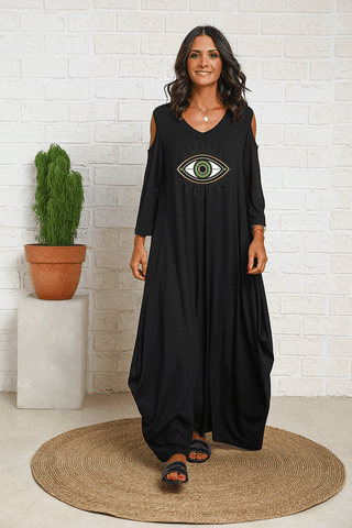 Evil Eye 3/4 Sleeves V-Neck Peek A Boo Sleeves Cotton Dress (7148983484590)