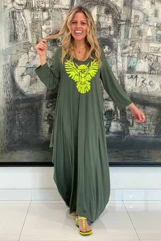 Owl Long V-Neck Cotton Dress - Olive / Yellow (1864769142828)