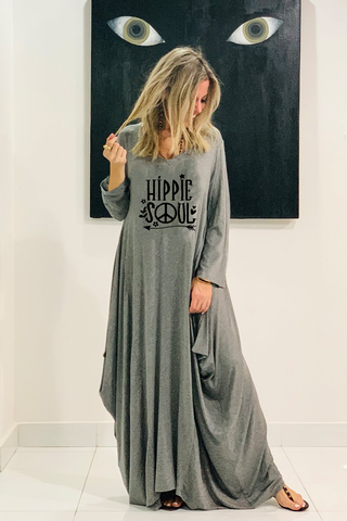 Hippie Soul Long V-Neck Cotton Dress - Grey/ Black (3930469236780)