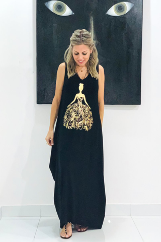 Princess Sleeveless V Neck Cotton Maxi Dress - Black / Gold (3930408943660)