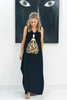 Princess Sleeveless V Neck Cotton Maxi Dress - Black / Gold (3930408943660)