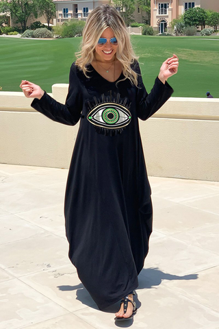 Evil Eye Long V-Neck Cotton Dress - Black (3946495082540)