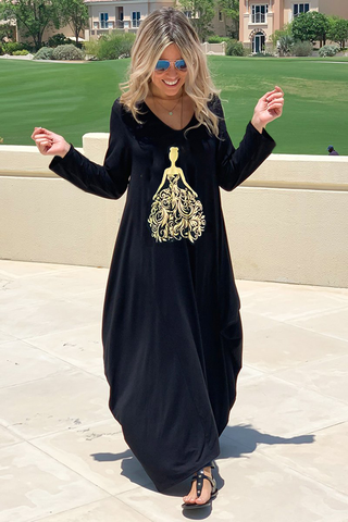 Princess Long V-Neck Cotton Dress - Black (3946499899436)