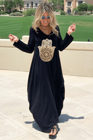 Hamsa Long V-Neck Cotton Dress - Black (1820178546732)