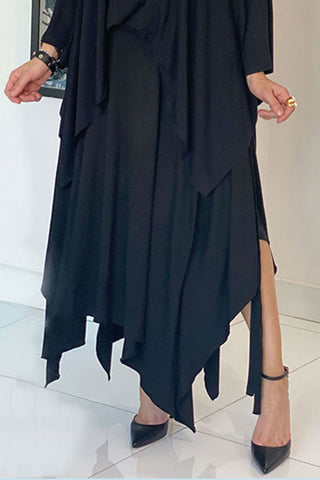 Asymmetrical Draped Skirt With Adjustable Tie Belt- Black (4360085962885)