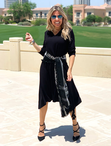 3/4 Sleeves V-Neck Cotton Midi Dress With Scarf - Black (1807455846444)