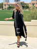 3/4 Sleeves V-Neck Cotton Midi Dress With Scarf - Black (1807455846444)