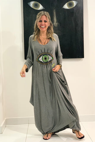 Evil Eye 3/4 Sleeves V-Neck Cotton Maxi Dress - Grey (3891307216940)