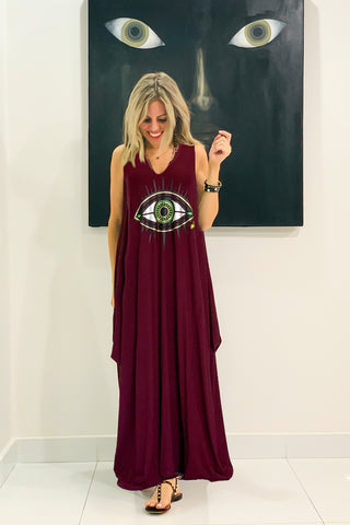 Evil Eye Sleeveless V Neck Cotton Maxi Dress - Maroon (3925115207724)